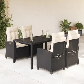 Set da pranzo da giardino 5 pz nero con cuscini in polyrattan