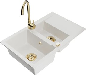 Mexen Gaspar lavello da cucina in granito 1,5 vasche con sgocciolatoio e rubinetto da cucina Telma, bianco - 6507-20-670200-50