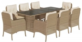 Set da pranzo da giardino 9 pz con cuscini beige in polyrattan