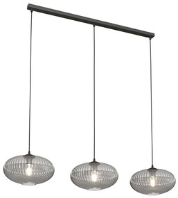 Lampadario 3 Luci Iris In Acciaio Nero Paralume Plissettato Fumè