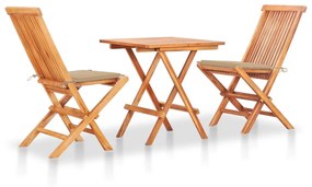 Set da bistrot 3 pz con cuscini beige in legno massello di teak