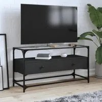 Mobile TV con Piano in Vetro Nero 98x35x51 cm Legno Multistrato 846064