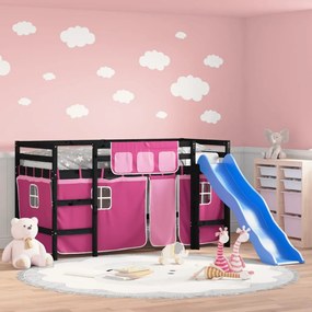 Letto A Soppalco Con Tende Bambini Rosa 90x200 Cm Massello Pino /