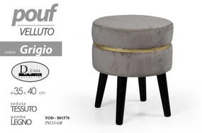 Sgabello in tessuto velluto con gambe in legno pouf cm 35 x 40 h grigio