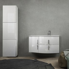 Mobile da bagno sospeso 105 cm Bianco lucido con colonna da 170 cm e lavabo a destra