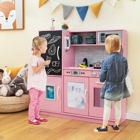 Costway Set cucina per bambini con lavagna telefono microonde fabbricatore di ghiaccio, Cucina gioco finta in legno