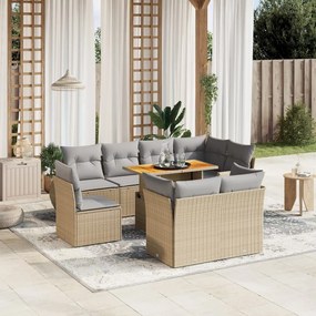 Set divano da giardino 9 pz con cuscini beige in polyrattan