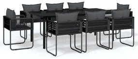 Set da pranzo per giardino 9 pz con cuscini nero