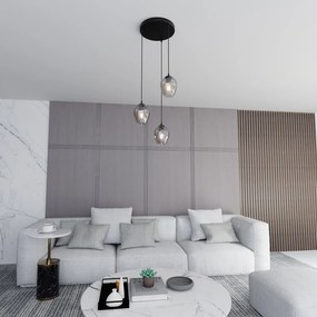 Lampadario 3 Luci Fuxi Base Tonda In Acciaio Nero E Vetri Fumè