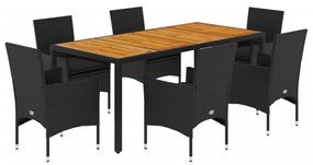 Set pranzo da giardino 7 pz nero con cuscini polyrattan acacia