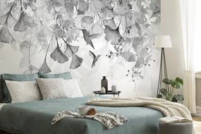Carta da parati – Foglie con Colibrì in Bianco e Nero
