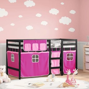 Letto A Soppalco Con Tende Bambini Rosa 90x190 Cm Massello Pino /