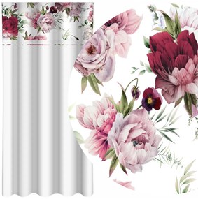 Tenda semplice bianca con stampa di peonie rosa e bordeaux Larghezza: 160 cm | Lunghezza: 250 cm