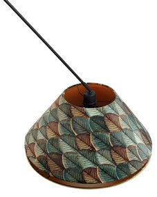 Lampada a sospensione nera con doppio paralume in velluto, motivo foglia e beige - Blitz