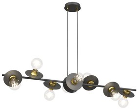 Lampadario 8 Luci Token In Acciaio Nero E Oro Con Barra E Diffusori A Piatti