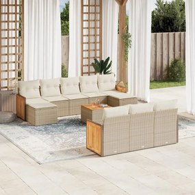 Set divani da giardino 11 pz con cuscini beige in polyrattan