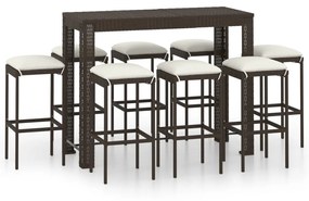 Set da bar da giardino 9 pz con cuscini in polyrattan marrone