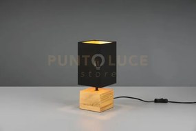 Woddy lampada da tavolo base quadrata legno e paralume nero h. 30cm...