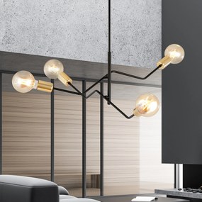 Sospensione Industrial 4 Luci Temi In Acciaio Nero E Oro Bracci Regolabili
