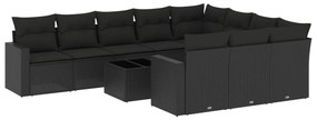 Set divani da giardino 11 pz con cuscini in polyrattan nero