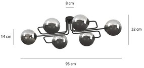Plafoniera 6 Luci Brandi In Acciaio Nero E Sfere In Vetro Fumè