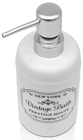 Dispenser sapone in ceramica bianca con stampe a contrasto nere stile vintage
