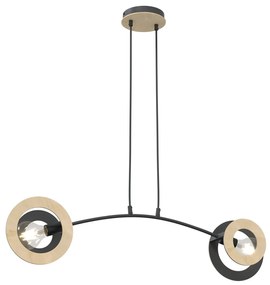 Lampadario 2 Luci Rea Acciaio Nero Legno Naturale E Diffusori Doppio Cerchio