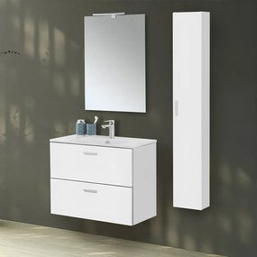 Mobile Bagno Sospeso 80 Cm Due Cassetti Specchio Con Illuminazione Led Feridras "Greta" Bianco Lucido