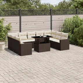 Set divani da giardino 10pz con cuscini in polyrattan marrone