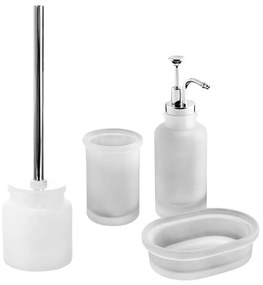 Set accessori 4 pezzi in vetro satinato serie Pharmacy opalino di Cipì Dispenser Bicchiere Porta sapone Scopino