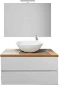 Mobile Bagno Sospeso 80 Cm Con Lavabo E Specchio Bianco Lucido Top Rovere Rio