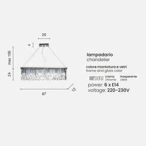 Lampadario sospensione a 6 luci E14 - BATIDA cristallo L87 cm