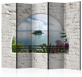 Paravento Isola di Corfù II - Vista da una finestra su mare e isola con alberi
