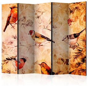 Paravento separè Uccelli (5-parti) - composizione calda di piante e animali