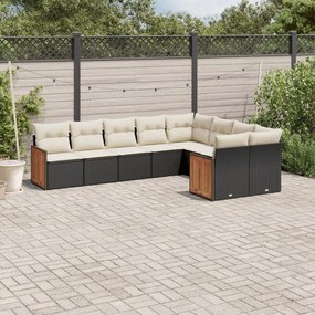 Set divani da giardino 9 pz con cuscini nero in polyrattan