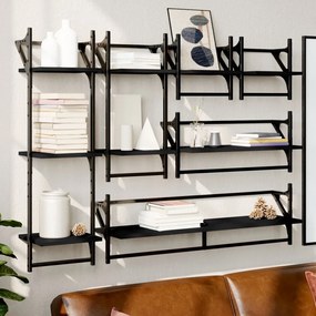 Set Mensole Da Parete Con Aste 6pz Nero İn Legno Multistrato /