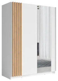 Armadio 150x200h Cm 2 Ante Scorrevoli Con Specchio Bianco Listelli Rovere Bayadero