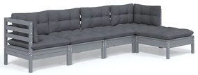 Set divani da giardino 5 pz con cuscini grigi massello di pino