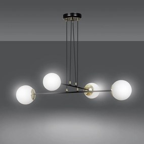 Lampadario Moderno 4 Luci Ognis In Acciaio Nero E Oro E Vetro A Sfera Opale