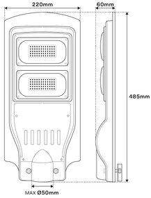 Armatura Stradale Solare 60W 5.000k Luce Minima + Sensore di Mov. Aut. 10h LED Lumileds Colore Bianco Freddo 5.000K