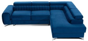 Divano angolare blu allungabile/con contenitore (con penisola a destra/a L) e rivestimento in velluto Laurence – ELTAP
