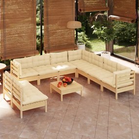 Set divani da giardino 10 pz con cuscini crema massello di pino