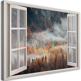 Quadro su tela, Finestra autunnale della nebbia in montagna  Dimensioni 120x80