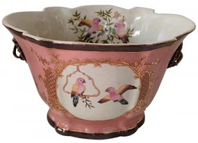 Royal Family - Cachepot Rosa con uccellini e Manici Bronzo