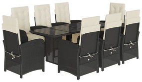 Set da pranzo da giardino 9 pz con cuscini nero in polyrattan
