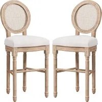 Set 2 Sgabelli da Bar con Schienale Cuscini e Poggiapiedi 48x56x118 cm in Legno e Poliestere Crema