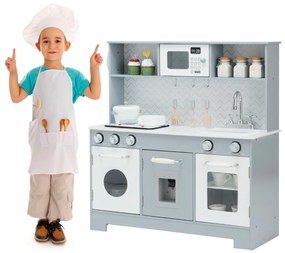 Costway Cucina giocattolo in legno per bambini con utensili accessori lavandino telefono, Set di cucina finta Grigio