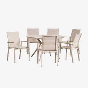 Set Tavolo Rotondo Valerie (ø125 Cm) E 6 Sedie Da Giardino Impilabili In Alluminio Karena Tapioca Beige - Sklum