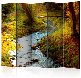 Paravento Ruscello (alba) II (5 parti) - paesaggio fluviale con sfondo forestale