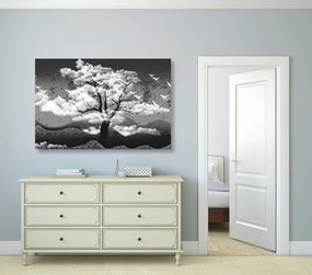 Quadro su tela – Albero in bianco e nero immerso nelle nuvole